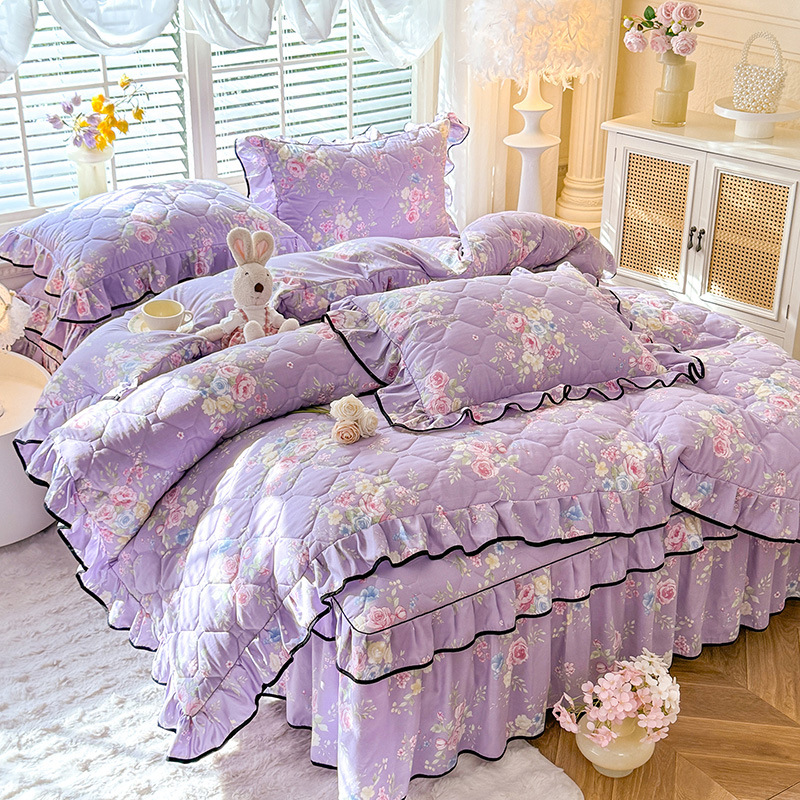 Korean Washed Cotton Quilted Bed Skirt Four-Piece Set Princess Style Thickened Quilted Cotton Edge Quilt Cover Pillowcase Three-Piece Set Wholesale