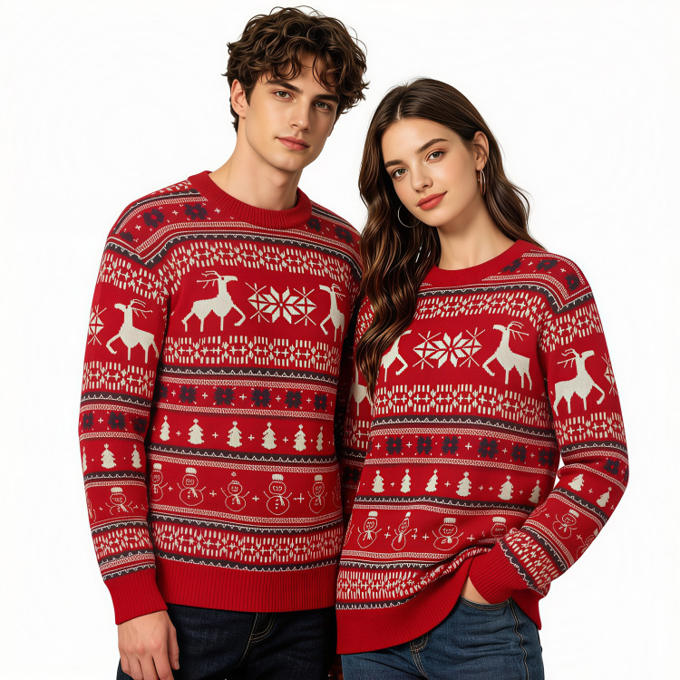 Amazon's Popular Red Christmas Sweater Couple's Outfit European and American Autumn and Winter Long-Sleeved Elk Jacquard Round-Neck Knitwear Amazon's Popular Red Christmas Sweater Couple's Outfit European and American Autumn and Winter Long-Sleeved Elk Jacquard Round-Neck Knitwear