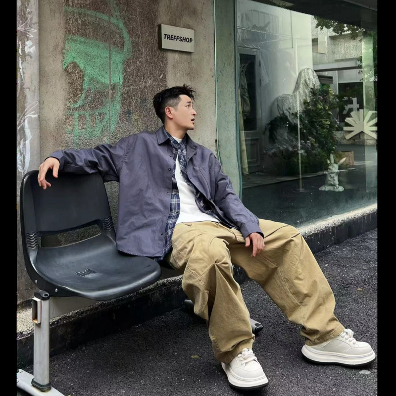 秋季痞帅潮流假两件翻领衬衫男士时尚设计感宽松百搭休闲夹克外套|undefined