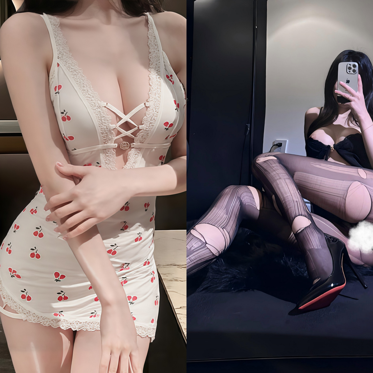 체리 잠옷 + 검은색 손으로 찢은 양말