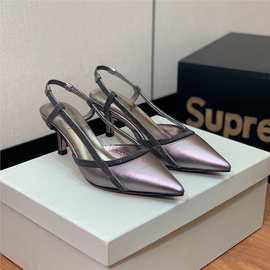 法式小猫跟后空单鞋2024春夏季新款女复古尖头高跟鞋时尚小众凉鞋