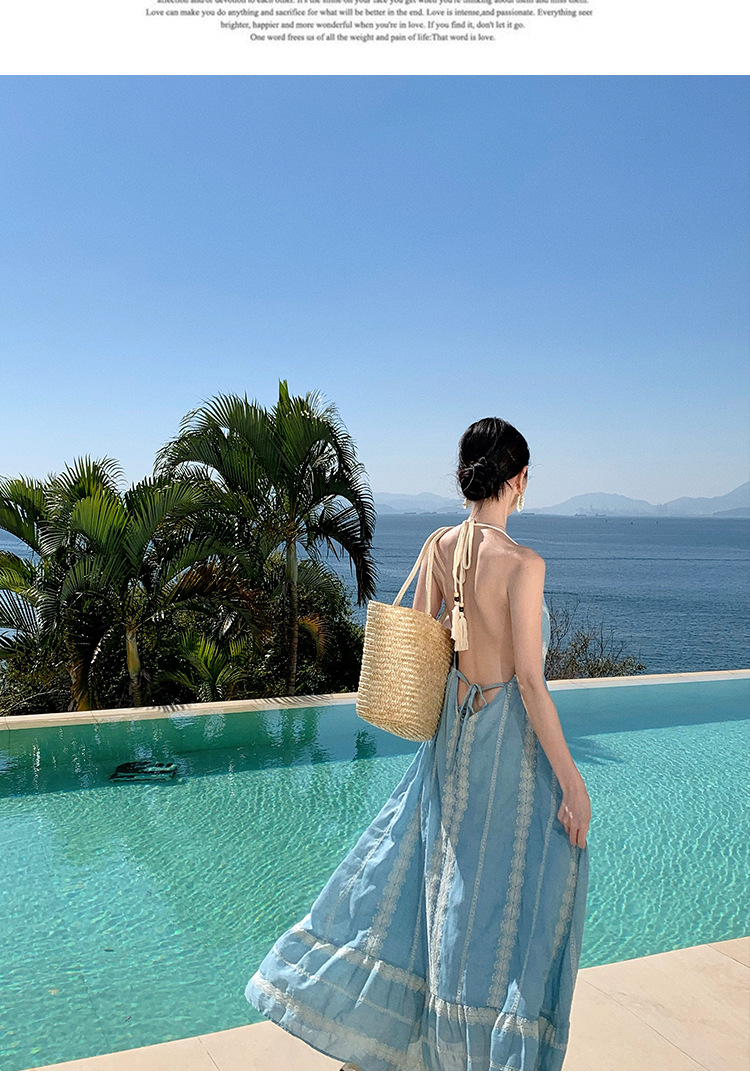 Light Blue Resort-style Backless Halter Neck Dress, Bohemian Heavy Embroidery Long Dress For Women_ecoleips.com