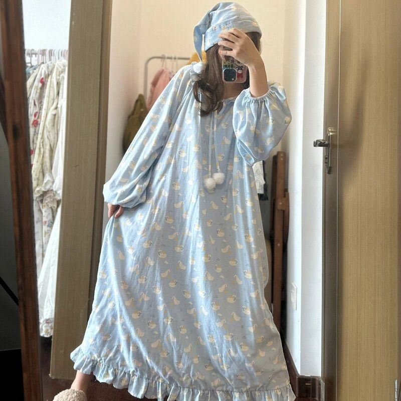 New Light Blue Goose Nightgown Spring and Autumn Long Long Sleeve Over-the-knee Pajamas Sweet Cartoon Home Clothes Dress