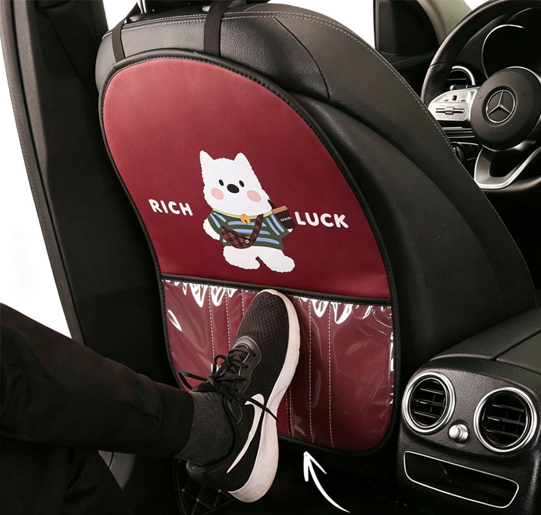 Women's Cute Cartoon Car Seat Back Anti-Kick Pad, Car Seat Back Anti-Stain Pad with Storage Strap