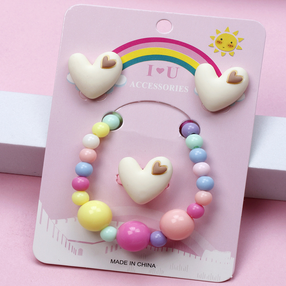 Cute Heart Shape Resin Beaded No Inlaid Rings Bracelets Earrings 3 Piece Set