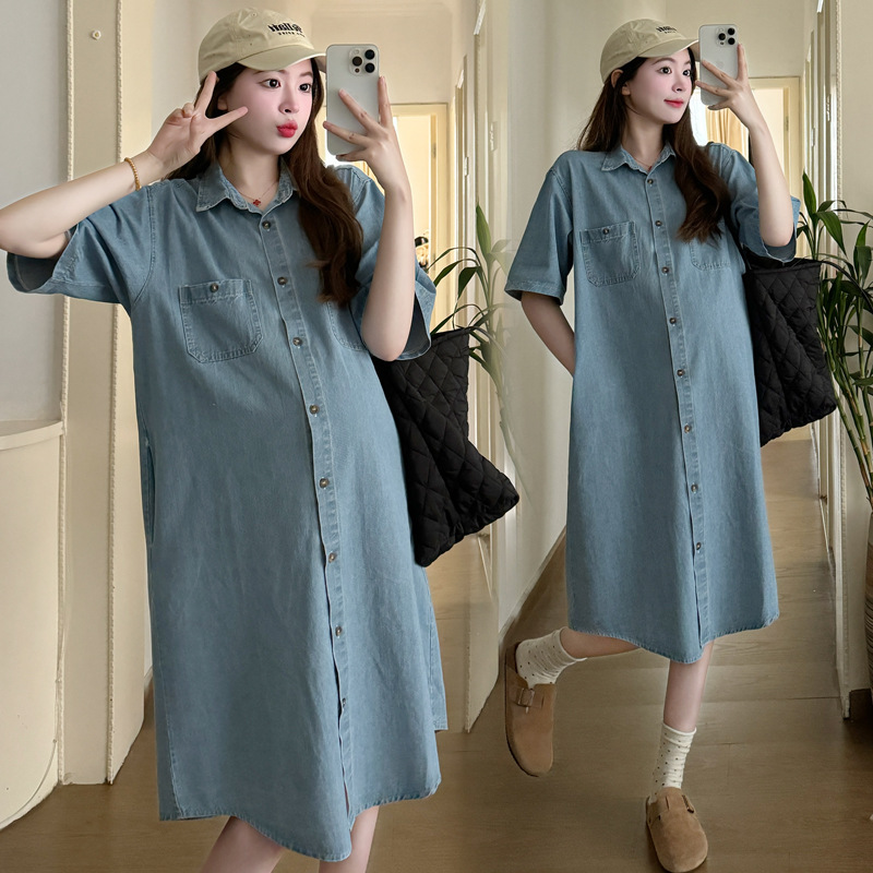 Fashion Real Shot Maternity Summer South Korea Fashion Casual Loose Denim dress Breastfeeding Shirt Dress Trendy Mom