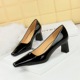 6186-1 Style Fashion Simple High Heels, Thick Heels, Shallow Mouth Square Toe, Glossy Lacquer Leather, Versatile Women's Commuter Shoes, Single Shoe