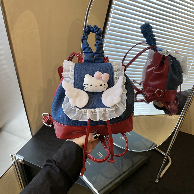 日本インかわいいレースの羽バックパック女性のための 2025 新しいキティ猫ファッションガール小さなバックパック|undefined