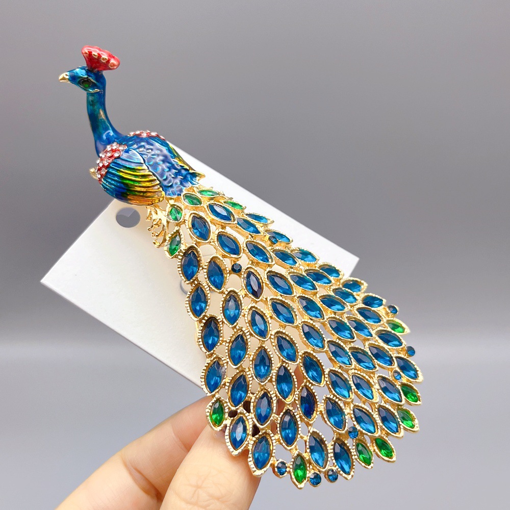 Foreign Trade Cross-Border Large Hole Bird Brooch Enamel Rhinestone Luxury Peacock Big Bird Corsage Clothing Accessories Festive Gift