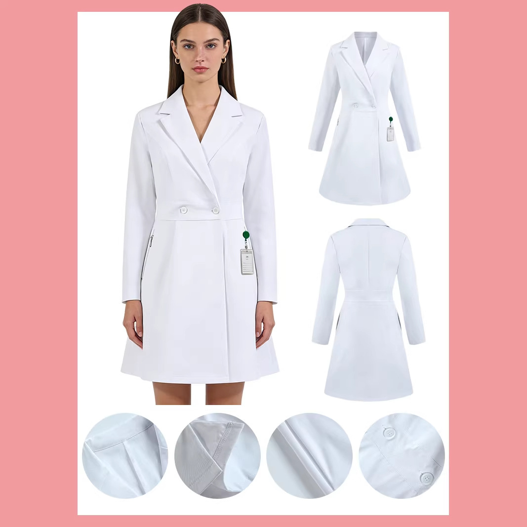Easy-To-Wear Button-Down White Coat with Long Sleeves and Stand-Up Collar, Hospital Doctor and Nurse Work Uniform, Pharmacy Uniform, Cross-Border Wholesale
