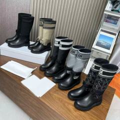 2025春款骑士靴长筒靴D家字母长靴女真皮马丁中筒靴粗跟皮绒增高