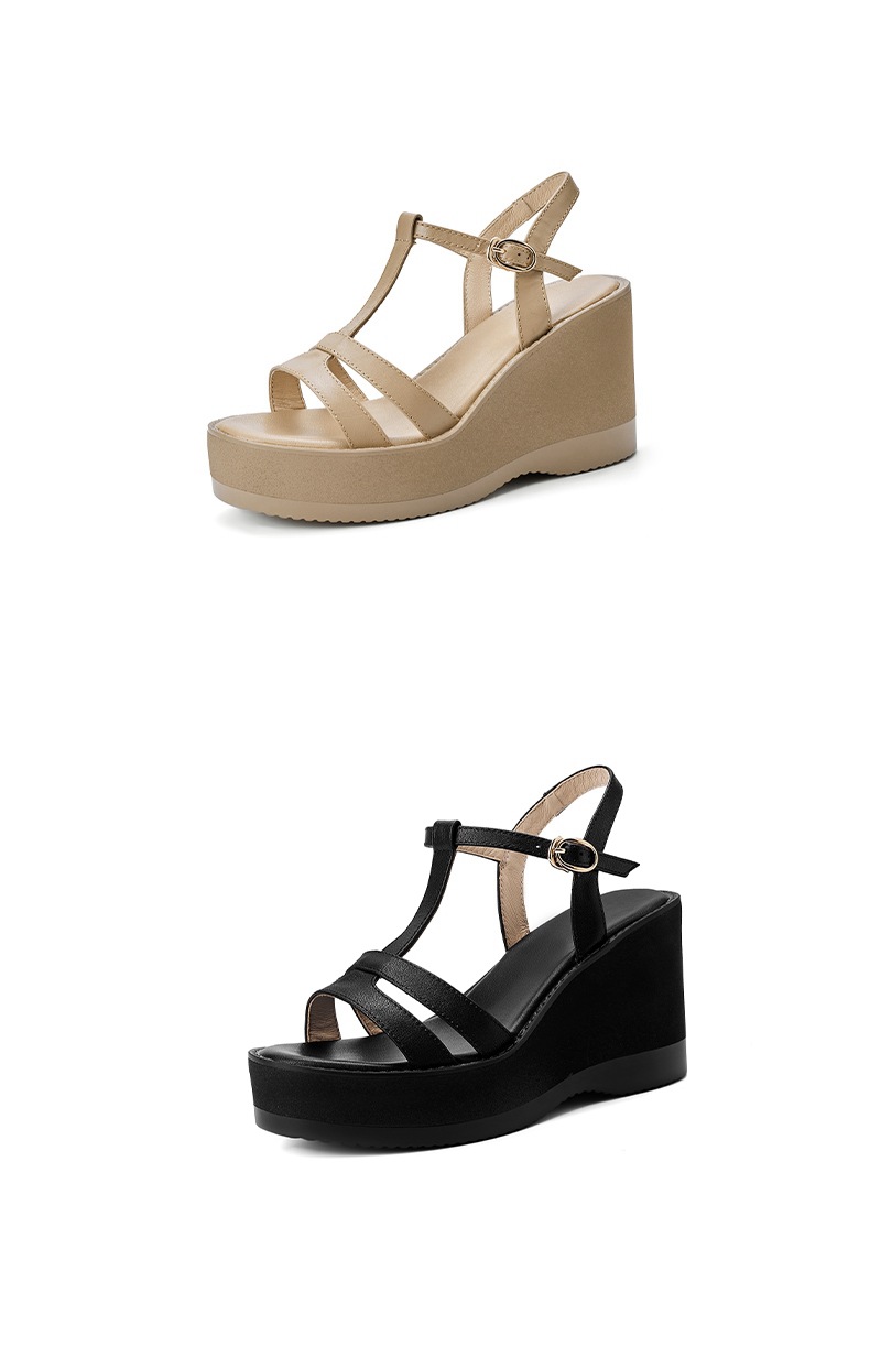 Sandal cao gót nữ mũi hở đế xuồng da bò, quai chữ T đơn giản, gót 9 cm — đen chi tiết 12