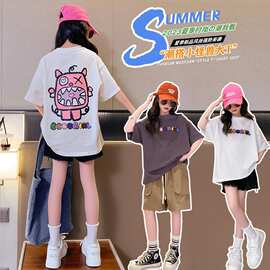 2025夏季新款女童体恤衫夏装中大童韩版短袖卡通小怪兽印花打底衫
