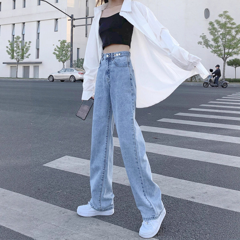 Light-Colored Women's Jeans Spring and Autumn Straight Loose 2025 New Petite Slimming Drape Fleece-Lined Wide-Leg Pants Light-Colored Women's Jeans Spring and Autumn Straight Loose 2025 New Petite Slimming Drape Fleece-Lined Wide-Leg Pants