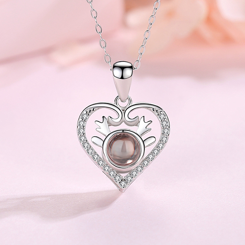 S925 plata un ciervo te tienen 100 idiomas te amo collar de proyección amor femenino en forma de corazón diamante incrustado corbata joyería