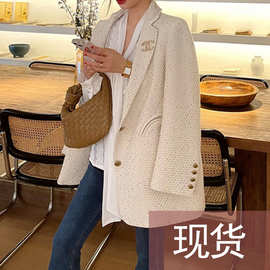 气质粗花呢名媛外套冬韩版宽松毛呢大衣A58382