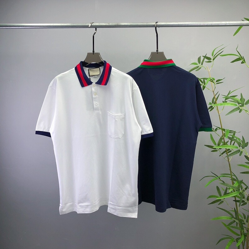 European and American men's and women's four seasons new Gu short sleeve T-shirt POLO shirt color stripe collar pocket embroidery flat for cross-border European goods