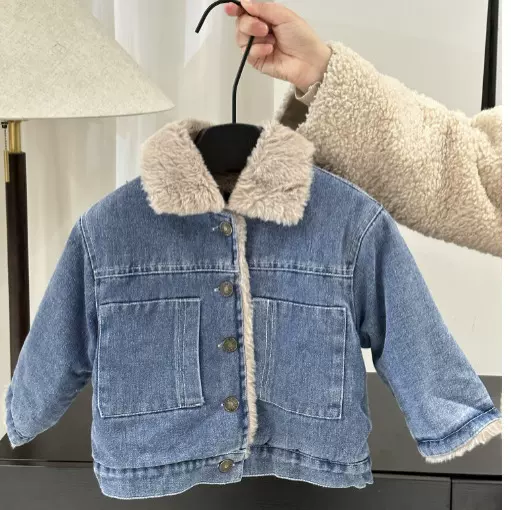 加绒牛仔外套冬加厚新款一体宝宝羊羔绒保暖儿童牛仔棉衣