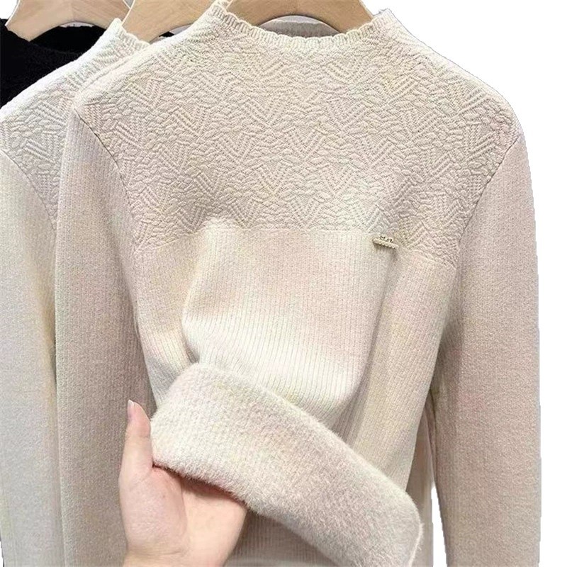 Damenpullover aus dickem Samt mit hohem Kragen – weiches, warmes Winteroberteil (Schwarz/Off-White/Beige-Apricot)_voghion.com
