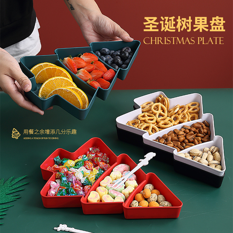 Cross-border creative Christmas tree fruit plate compartment household snack plate plastic candy dried fruit melon seed storage box Cross-border creative Christmas tree fruit plate compartment household snack plate plastic candy dried fruit melon seed storage box
