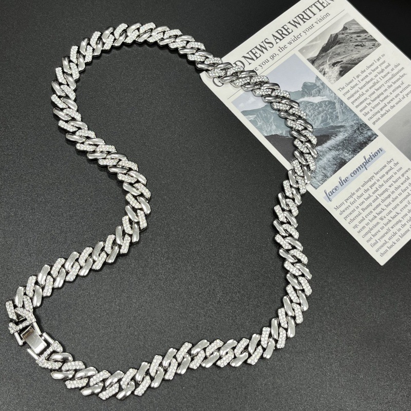 Cross-Border European and American 14mm Rhombus Spacer Strap Buckle Cuban Chain Bracelet Hip-Hop Trendy Men's and Women's Bracelet Necklace