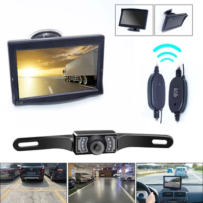 5inch Desktop Suction Cup Monitor Wireless Transmitter Long License Plate Car Camera Rear View Image