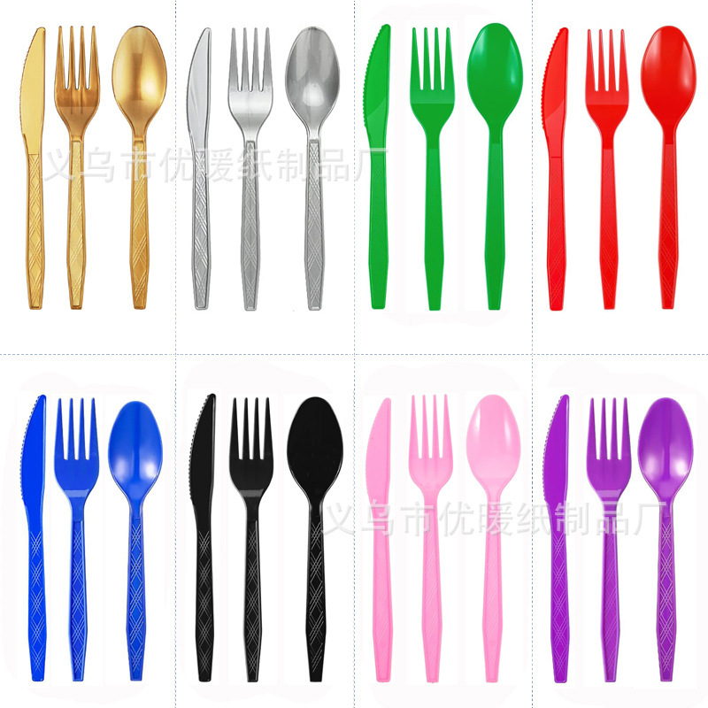 Yiwu Factory Direct Sales Ps Disposable Plastic Knife, Fork, and Spoon Tableware Three-Piece Cake Set Gold-Plated European Style