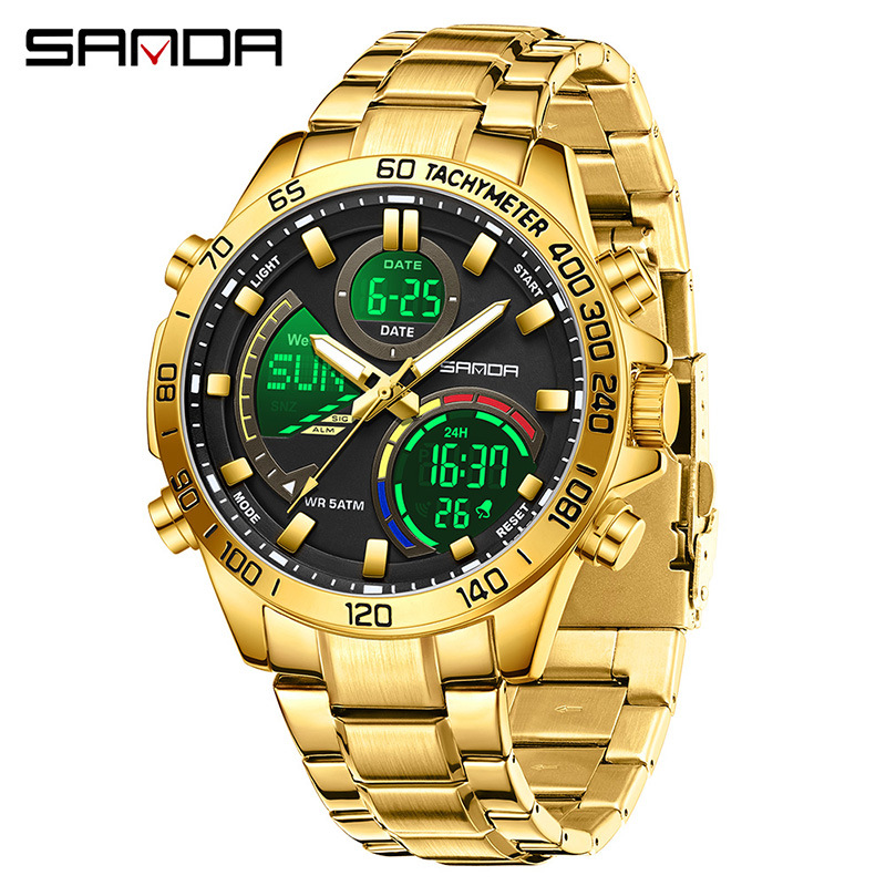 SANDA moda doble pantalla reloj electrónico para hombres multifuncional gran dial reloj de estudiantes de luz nocturna reloj de pulsera