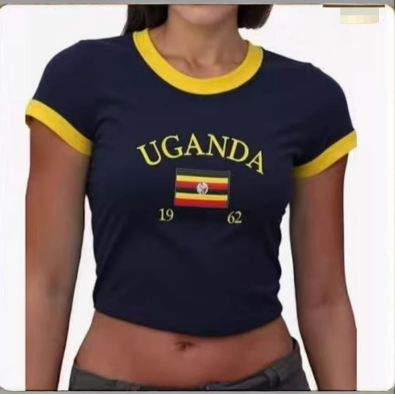 Cross-Border European and American Foreign Trade Wholesale Ins Letter Country Embroidered Women's Short-Sleeve Fitted Tops