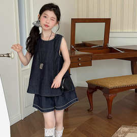 女童夏季牛仔套装2026新款洋气大童女孩韩系时髦背心短裤两件套潮