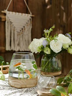 Creative vase transparent glass flower arrangement aquatic plant wood bottom support ecological mini fish tank ecological grass tank table top