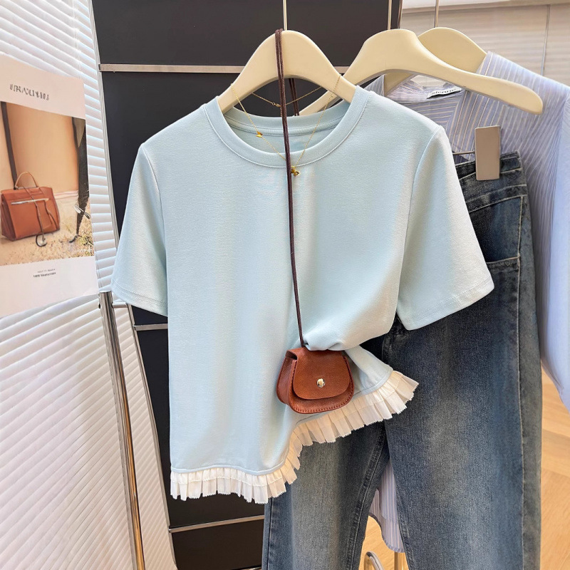 Lace Hem Short-Sleeved T-Shirt for Women Summer 2025 New European Design Niche Slim Fit Splicing Right Shoulder Top Lace Hem Short-Sleeved T-Shirt for Women Summer 2025 New European Design Niche Slim Fit Splicing Right Shoulder Top