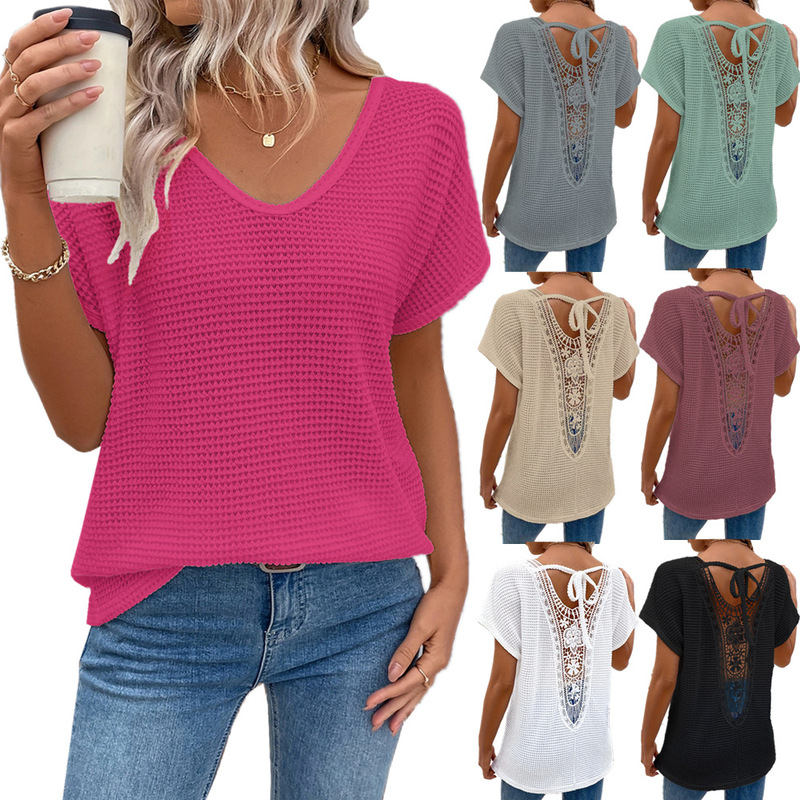 2025 European and American Cross-Border Lace-Up Back V-Neck Fashion Casual Comfortable Fabric Short-Sleeve Women's T-Shirt 2025 European and American Cross-Border Lace-Up Back V-Neck Fashion Casual Comfortable Fabric Short-Sleeve Women's T-Shirt
