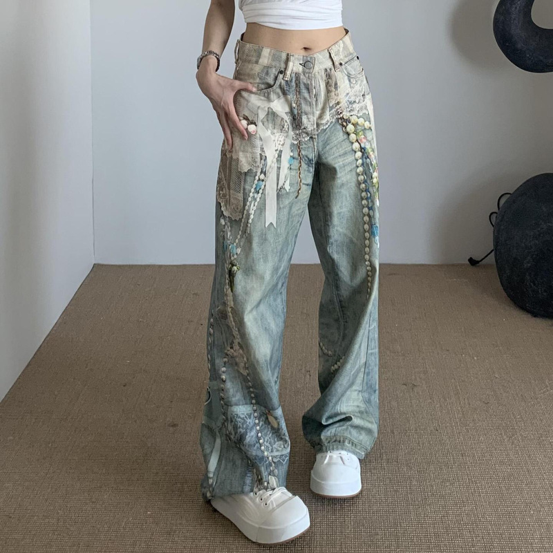 高版本AC25新款3D打印蕾丝珍珠链条直筒宽松高腰牛仔长裤男女|undefined