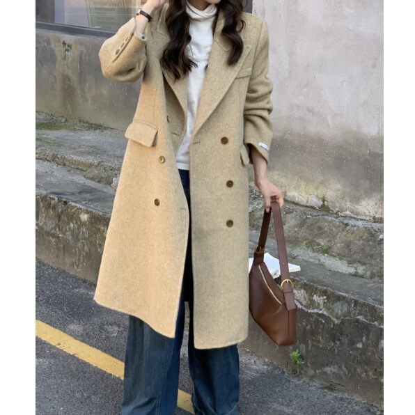 Double-sided Cashmere Coat Women's Autumn and Winter New Herringbone Pattern Dress Collar Double-breasted Knee-length Shoulder Wool Coat