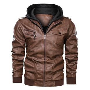 [European Size] Amazon Winter Men's Detachable Hooded Pu Leather Jacket Large Size Casual Motorcycle Leather Jacket for Men