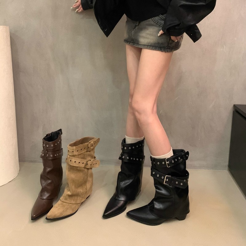 美式辣妹皮带扣裤管靴短筒靴女靴2025早秋新款小众设计短靴西部靴|undefined