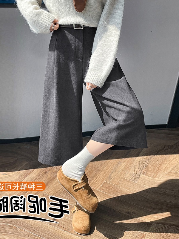 实拍2025秋冬新款毛呢七分阔腿直筒休闲显瘦保暖高腰九分靴裤女