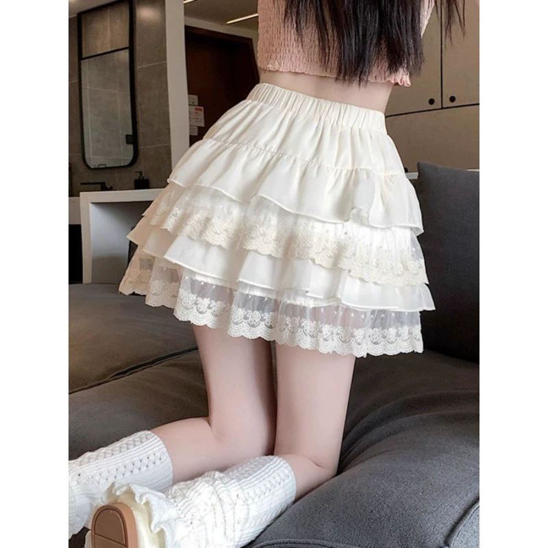 Белая кружевная юбка для торта 2025 новая летняя юбка Юбка с высокой талией эластичная юбка