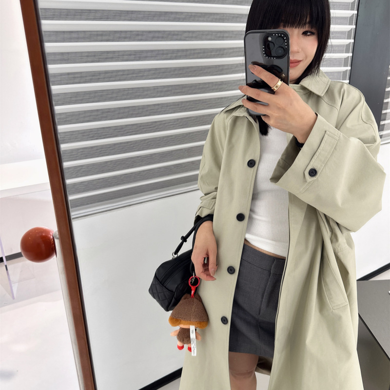 简约经典廓形风衣女高级感肌理纱线蝙蝠袖长款松弛感外套2025秋新|undefined