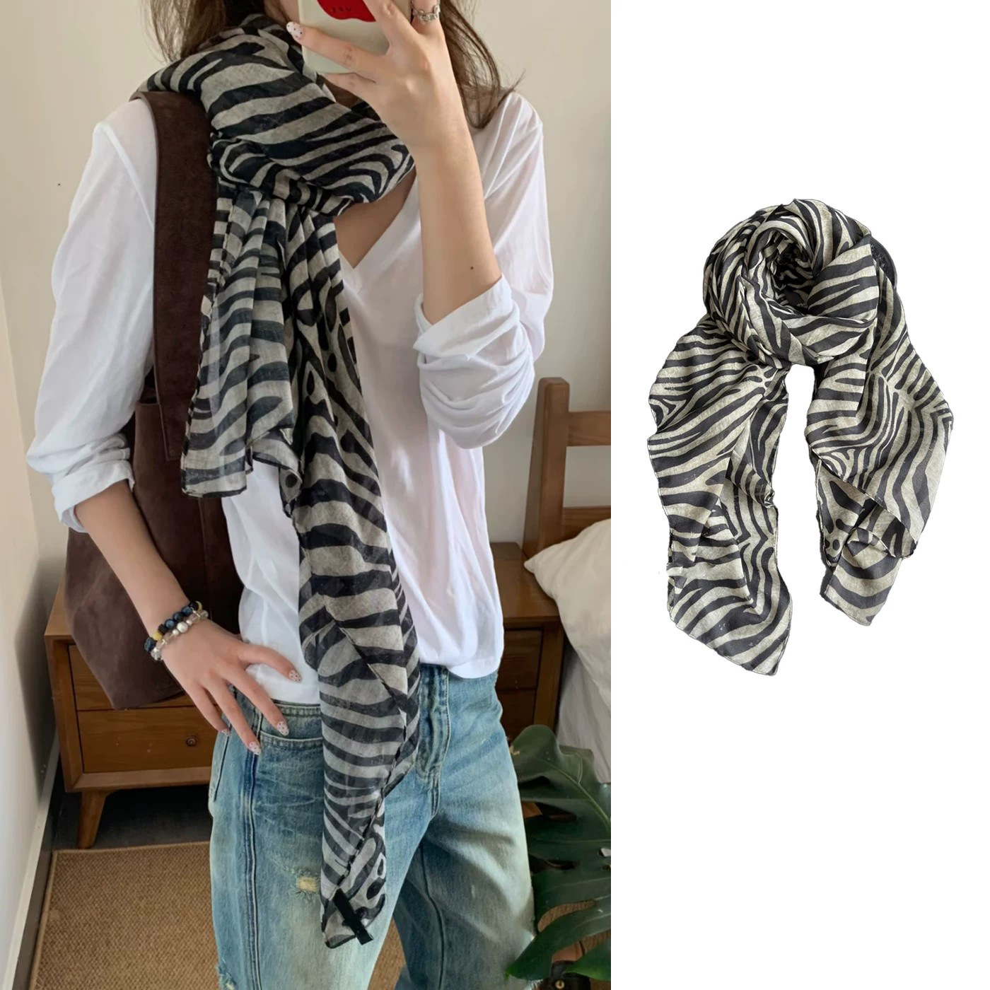 Zebra-pattern vintage large square scarf for women, summer artistic cotton-linen scarf, sun-protective thin linen silk scarf, breathable gauze shawl