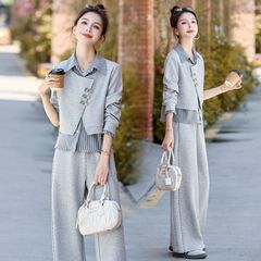 时尚休闲套装女2025春季新款洋气显瘦假两件衬衫宽松阔腿裤两件套