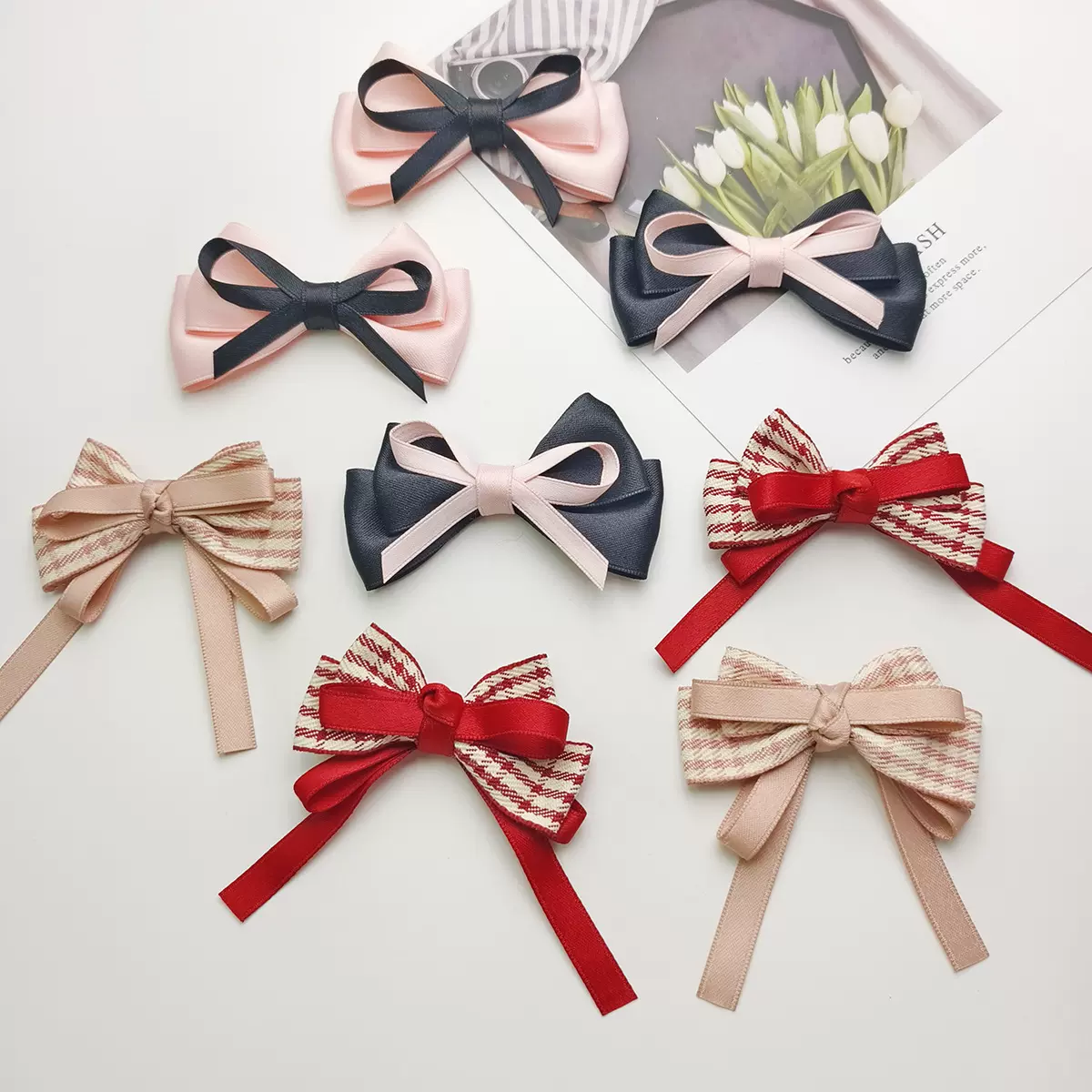 新款洛丽塔格纹飘带玫瑰结双层布艺蝴蝶结配饰DIY手机壳服装辅料