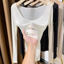 TK跨境爆款低胸大领口内搭打底衫女性感薄款螺纹针织透视防晒上衣