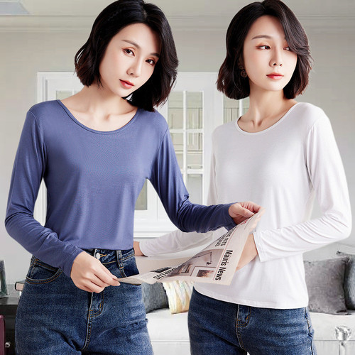 Women's Round Neck T-Shirt Top Slim Long Sleeve Thin Fashion Simple Base Shirt for Autumn