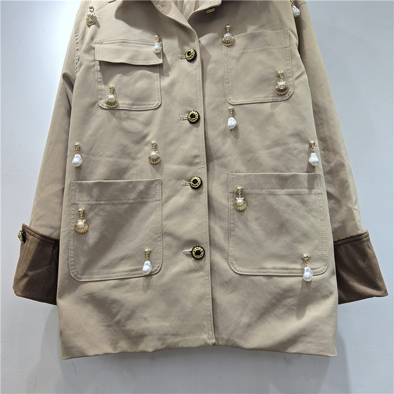 Chaqueta de Mujer con Solapa y Perlas de Mezcla de Algodón, Con Cuentas