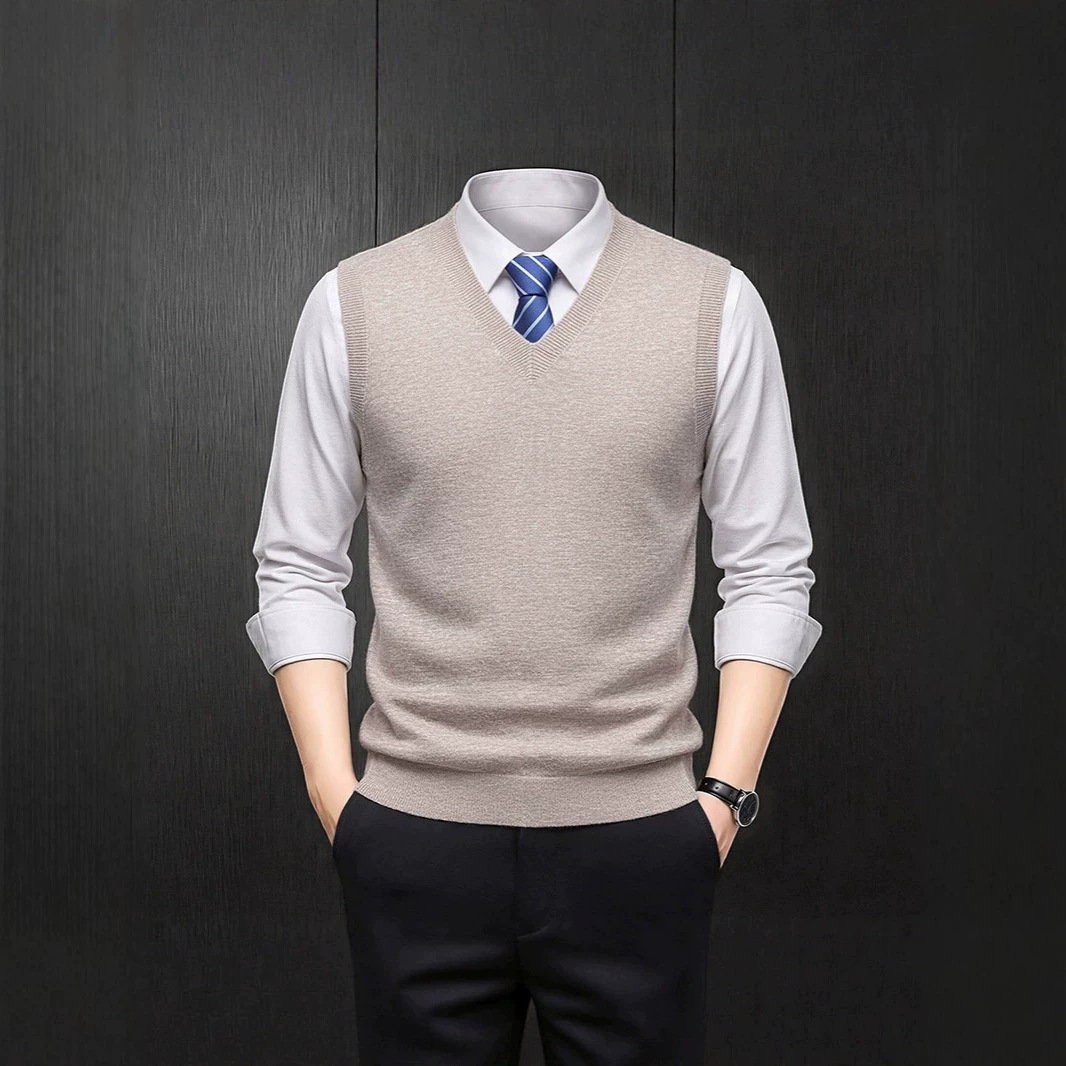 Men's autumn and winter wool-blend knitted vest, sleeveless pullover sweater, base layer top, men's clothing