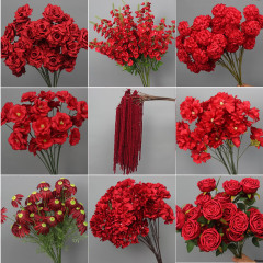 赤い造花 ウェディングシーン装飾 フェイクフラワーブーケ バラ 紫陽花 ウェディング用造花 造花卸売