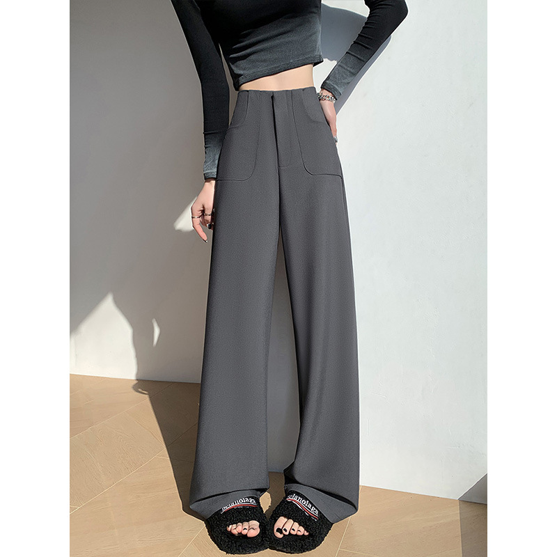 Pantalones de piernas anchas grises para mujeres 2025 primavera nueva cintura alta relajada relajada pantalones casuales rectos pantalones de traje estrechos