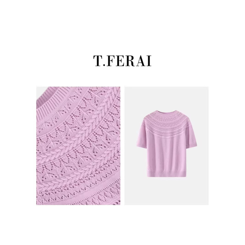 Lyocell and Silk Blend 2026 Summer New Women's Versatile Commuter Hollow Jacquard Mid-Sleeve Knit Top